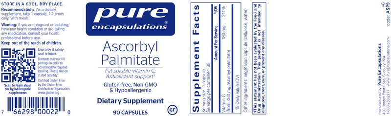 Ascorbyl Palmitate Fat Soluble Vitamin C 90 Caps Pure Encapsulations Label