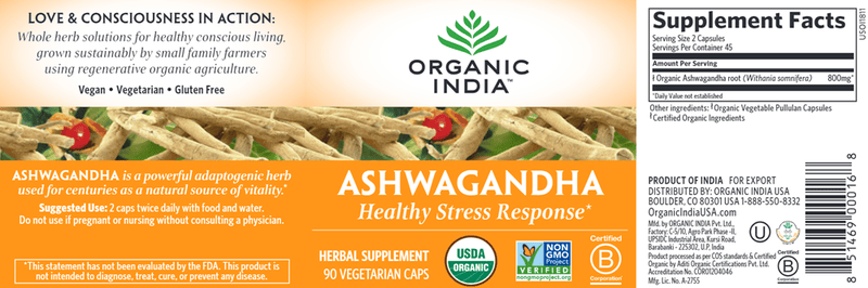 Ashwagandha 90ct (Organic India) Label