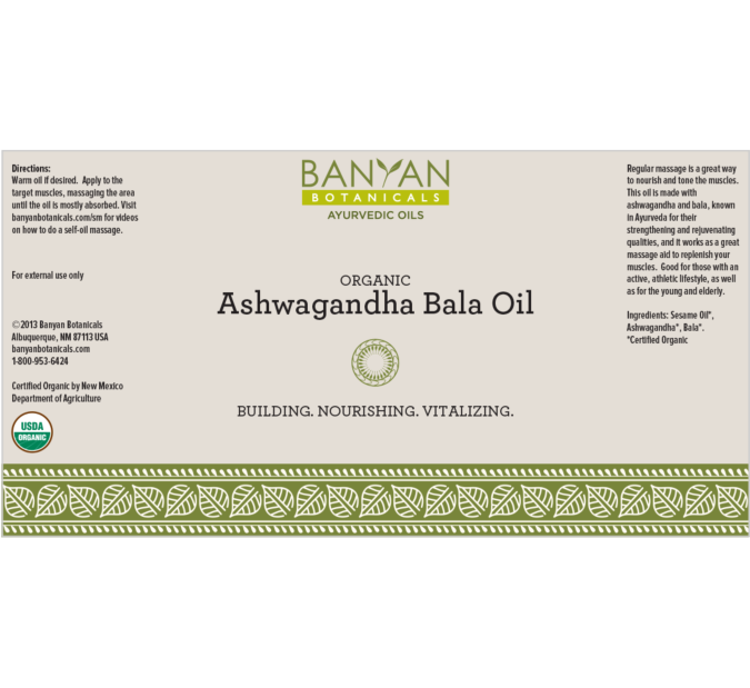 Ashwagandha Bala Oil Organic (Banyan Botanicals) Label