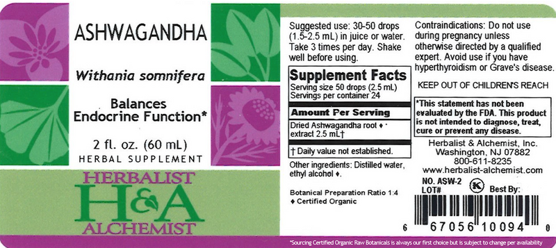 Ashwagandha Extract (Herbalist Alchemist) Label