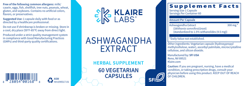 Ashwagandha Extract (Klaire Labs) Label