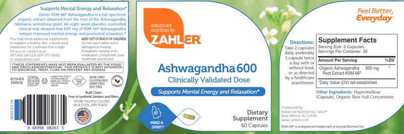 Ashwagandha (Advanced Nutrition by Zahler) Label