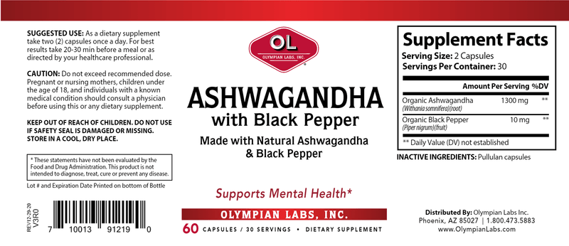 Ashwagandha with Black Pepper Olympian Labs Label