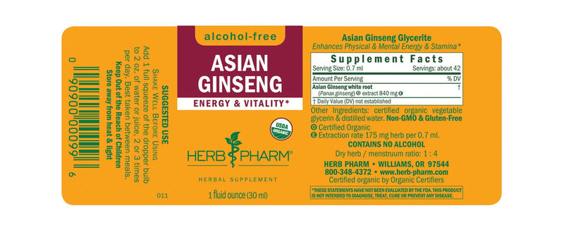 Asian Ginseng Alcohol-Free (Herb Pharm) Label
