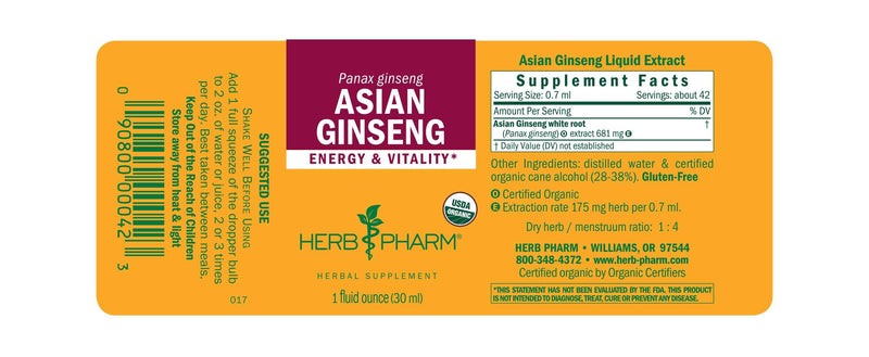 Asian Ginseng/Panax Ginseng (Herb Pharm) Label