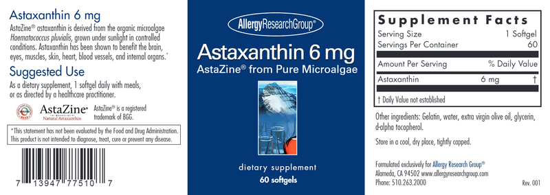 Astaxanthin 6 mg (Allergy Research Group) label
