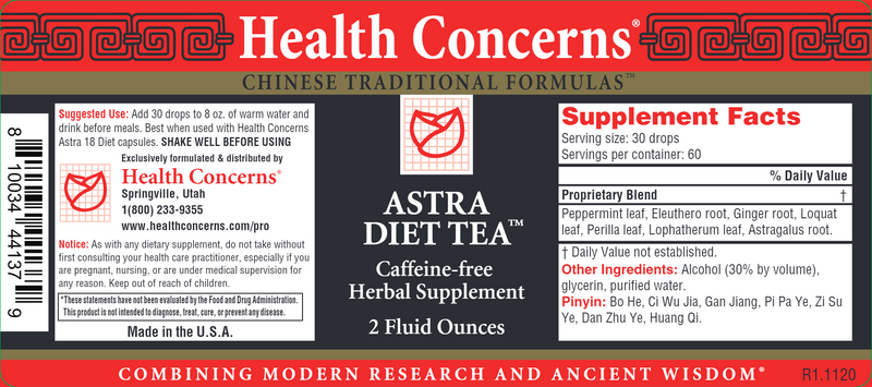 Astra Diet Tea (Health Concerns) Label