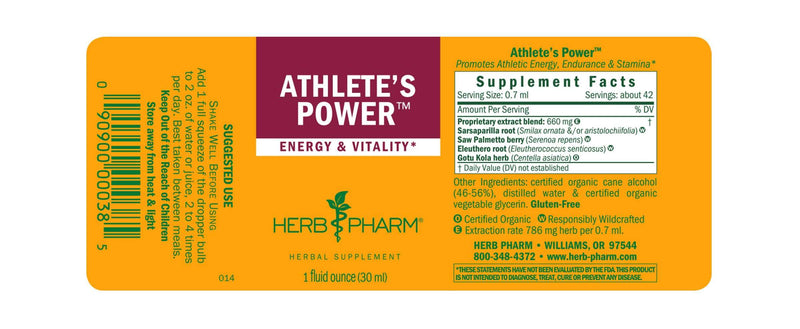 Athlete's Power Tonic Compound (Herb Pharm) Label