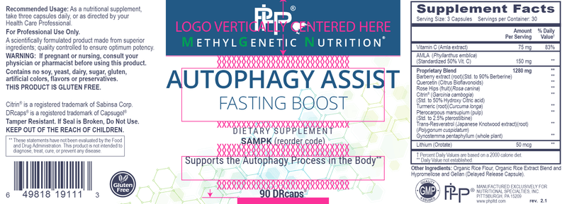 Autophagy Assist Professional Health Products Label