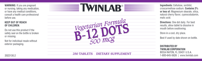 B-12 Dots 500 mcg (Twinlab) 250 Tablets Label
