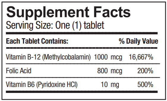 B-12 Folic Acid Sublingual Progena Supplement Facts