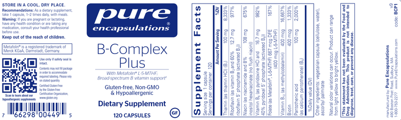 B Complex Plus 120 Caps Pure Encapsulations Label