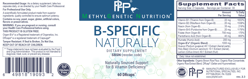 B-Specific Naturally Professional Health Products Label