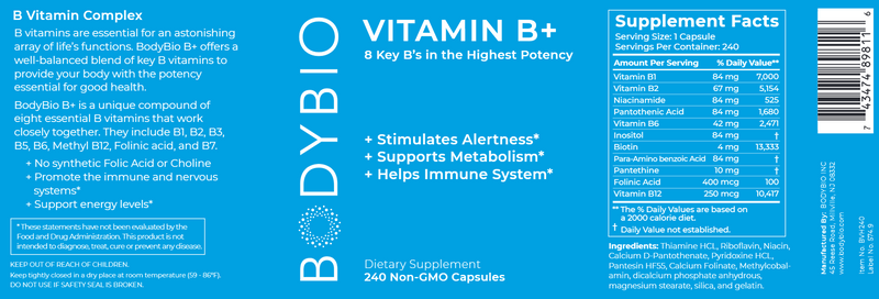 B Vitamins Hi Potency (BodyBio) 240ct Label