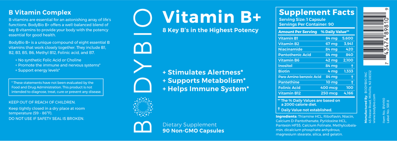 B Vitamins Hi Potency (BodyBio) 90ct Label