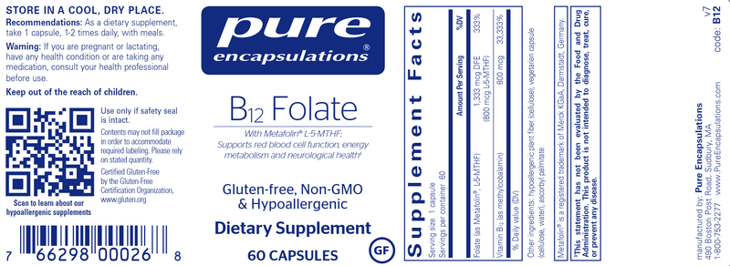 B12 Folate Pure Encapsulations Label