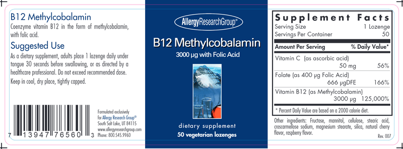 B12 Methylcobalamin (Allergy Research Group) label