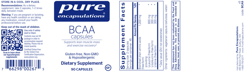 BCAA Capsules 90 Caps Pure Encapsulations Label