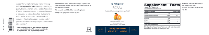 BCAA Orange Mango Powder (Metagenics) Label