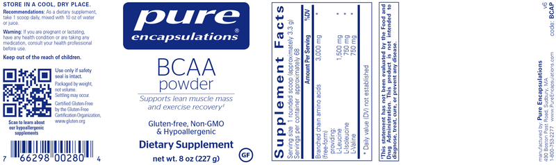 BCAA Powder Pure Encapsulations Label