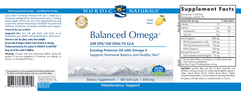 Balanced Omega 180 Soft Gels Lemon (Nordic Naturals) Label