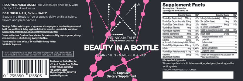 Beauty in a Bottle Dr. Nigma Talib Label