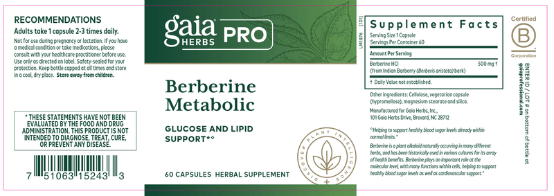 Berberine Metabolic (Gaia Herbs Professional Solutions) Label