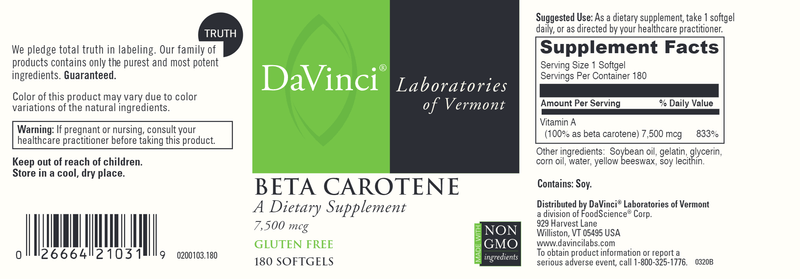 Beta Carotene 180 Softgels (DaVinci Labs) Label