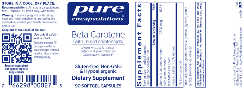 Beta Carotene 90 Caps Pure Encapsulations Label