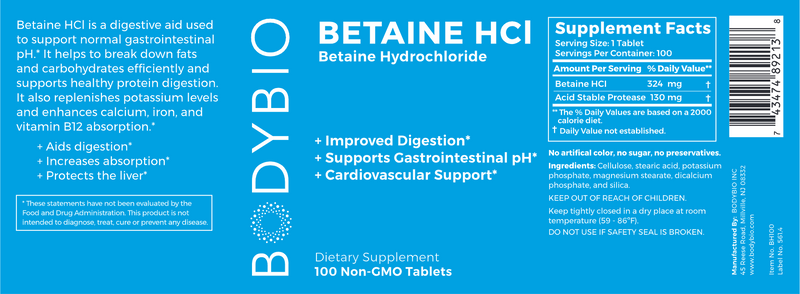 Betaine HCl 324 mg (BodyBio) Label