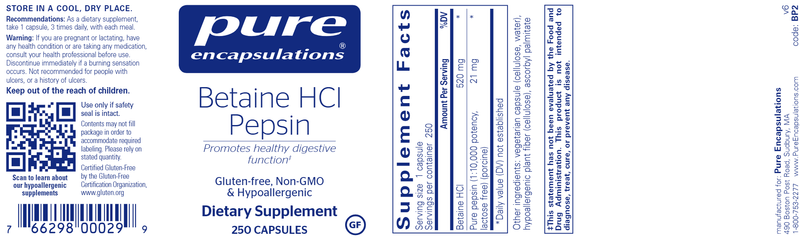 Betaine HCl Pepsin Pure Encapsulations Label