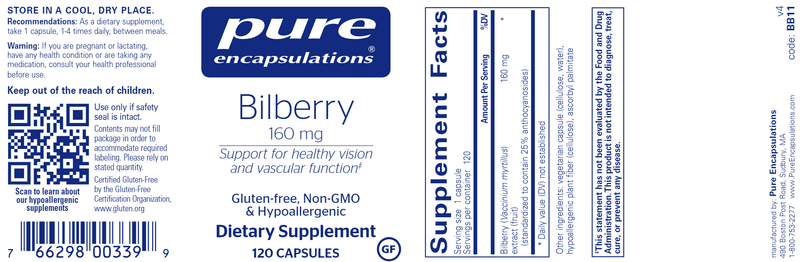 Bilberry 160 Mg Pure Encapsulations Label