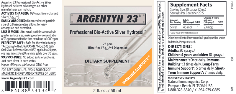 Bio-Active Sil Hydrosol Vertical 2 fl oz spray (Argentyn 23) label