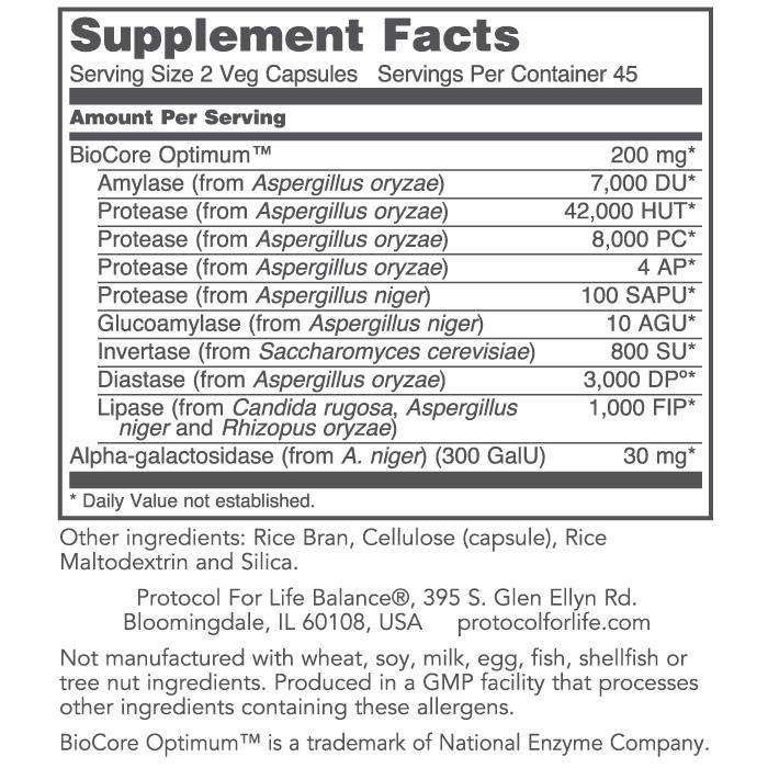 BioCore Enhanced Enzymes (Protocol for Life Balance) Supplement Facts