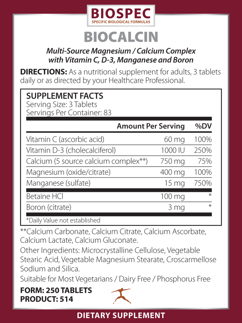 Biocalcin 250 tabs (Biospec Nutritionals) Supplement Facts