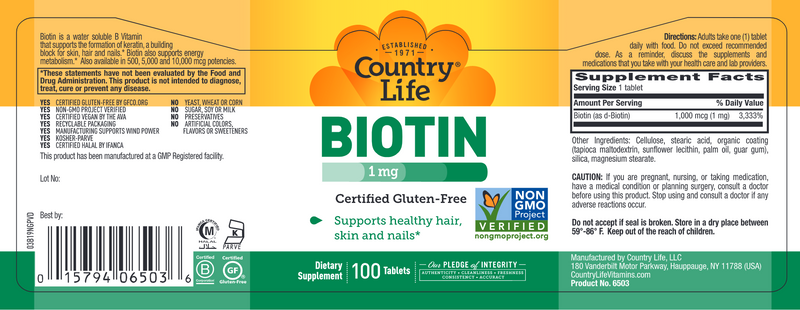 Biotin 1000 mcg (Country Life) Label