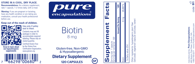 Biotin 8 mg 120 Caps Pure Encapsulations Label