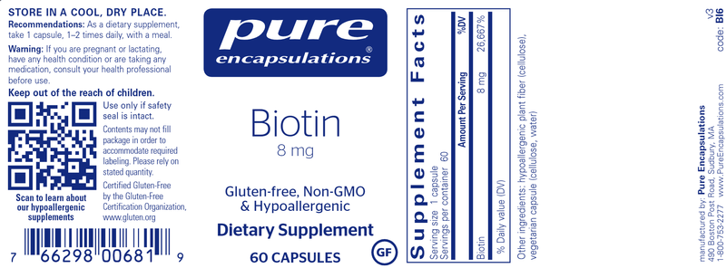 Biotin 8 mg 60 Caps Pure Encapsulations Label