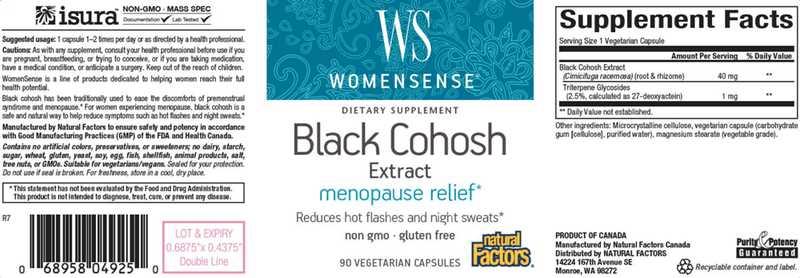 Black Cohosh Extract 2.5% (Womensense) Label