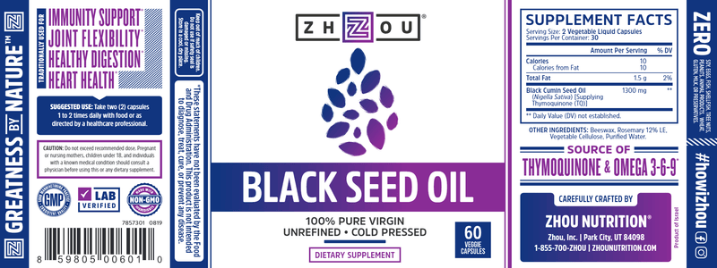 Black Seed Oil 1300 mg (ZHOU Nutrition) Label