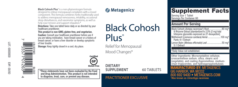 Black Cohosh Plus (Metagenics) Label