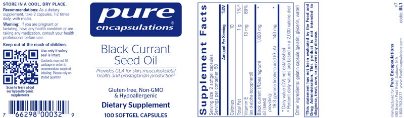 Black Currant Seed Oil 100 Caps Pure Encapsulations Label