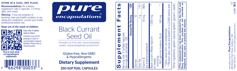 Black Currant Seed Oil 250 Capsules Pure Encapsulations Label