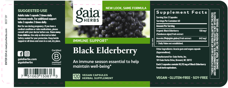 Black Elderberry 120ct (Gaia Herbs Professional Solutions) label