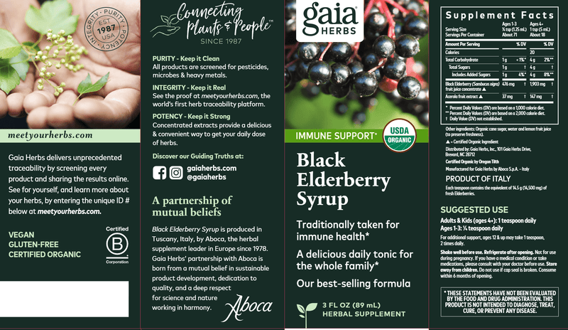 Black Elderberry Syrup 3oz (Gaia Herbs) Label