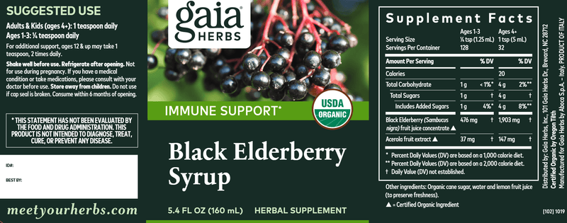 Black Elderberry Syrup 5.4oz (Gaia Herbs) Label