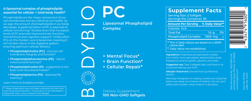 BodyBio PC Softgels (BodyBio) 100ct Label