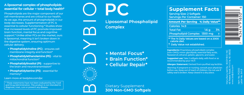 BodyBio PC Softgels (BodyBio) 300ct Label