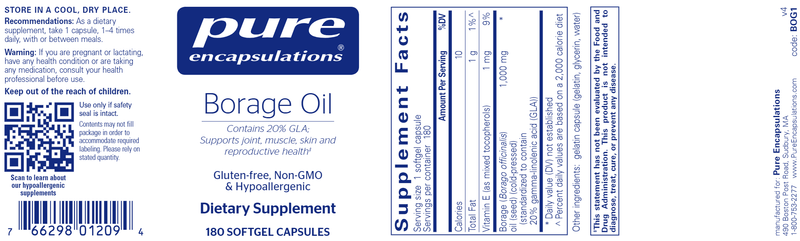 Borage Oil 180 Caps Pure Encapsulations Label