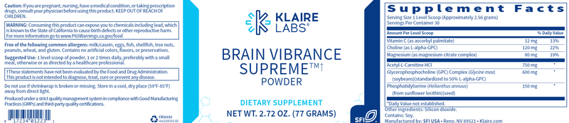Brain Vibrance Supreme Powder (Klaire Labs) Label